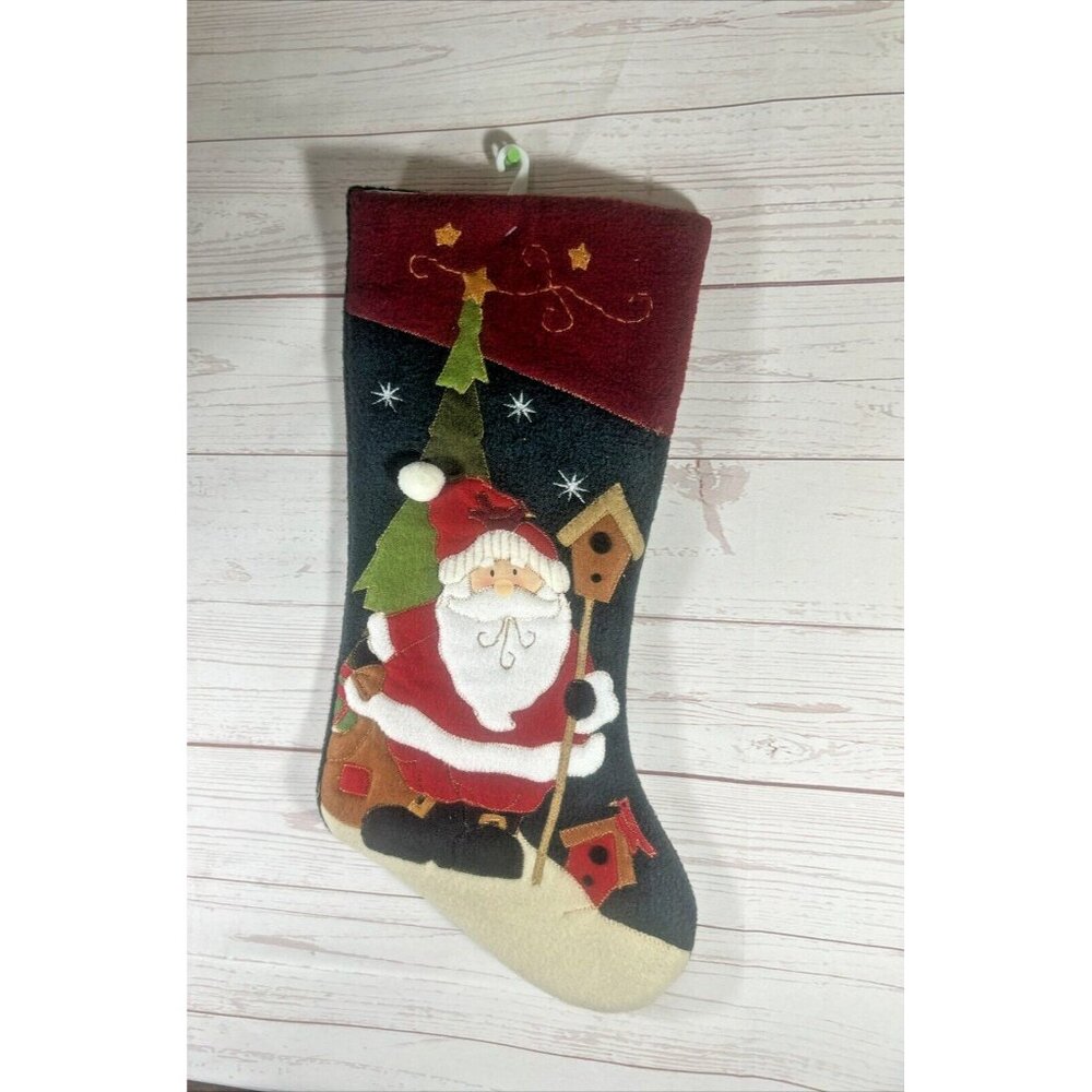 Christmas Stocking Santa & Birdhouses Cardinal 19” Felt 2006 Prime Creation